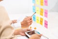 Creative group of business people brainstorming use sticky notes to share idea on glass window or table in office Royalty Free Stock Photo