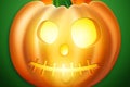 Creative Halloween Background. Realistic Image of a pumpkin on a green background. Scary Jack. Illustration for the website. Copy