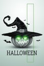 Creative Halloween Banner. Pumpkin in a witch`s hat on a light background. Scary Jack. Vertical flyer, header for website. Copy