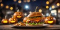 Creative Halloween pumpkin burgers served on a plate with french fries