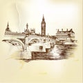 Antique vector postcard with hand drawn London bridge in sepia