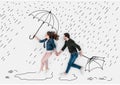 creative hand drawn collage with couple running under rain