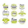 Creative hand drawn gray and green design of organic food logo set. Fresh farm products. Labels for shop or market