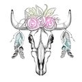 Hand drawn bull head with flower wreath, Boho style. Royalty Free Stock Photo