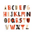 Creative hand drawn latin font or hipster english alphabet decorated with dots and scribbles. Bright colored letters