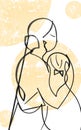 Creative hand drawn portrait of Mother and Daughter standing back and hugging each other.