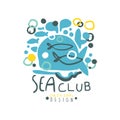 Creative hand drawn sea club logo template design with abstract fish and air bubbles in water. Marine travel and sport