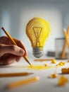 Creative hand sketching a glowing yellow light bulb on paper symbolizing innovation and bright ideas in a workspace filled with Royalty Free Stock Photo