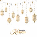 Creative hanging lanterns decorated on white background for Ramadan Kareem.