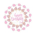 Creative Happy Birthday Greeting Background. Cake With Hand Drawn Ink Brush Stroke. Vector Illustration