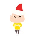 A creative happy flat color illustration of a bald man wearing santa hat