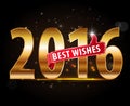 Creative happy new year 2016 design with golden typography and thumbs up. Royalty Free Stock Photo