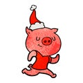 A creative happy textured cartoon of a pig running wearing santa hat