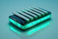 Creative harmonica set glowing in neon light on reflective surface during a music studio session Royalty Free Stock Photo
