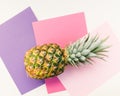 Creative healthy food concept made of pineapple tropical seasonal summer fruit on overlapping paper in trendy Pastel Colors: Pink