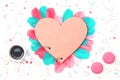 Creative heart with colorful feathers, flat lay Royalty Free Stock Photo