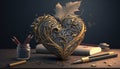 Creative heart made of grey, golden steel patterns on writer\'s table background.