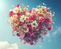 Creative heart made of tender spring flowers, against blue cloudy cloud.