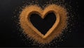 Creative heart shape frame made of brown sugar on black background, cane sugar heart Royalty Free Stock Photo