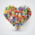 Creative heart sign made of shopping items. Vector