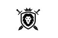 Creative Heraldic Black Lion Head Crown King Swords Shield Logo Design Symbol Vector Illustration