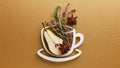 Creative herbal tea composition with pear slice, star anise, and soft herbal twig on textured background Royalty Free Stock Photo