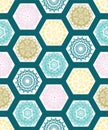 Creative hexagon doily crochet patchwork seamless pattern background design.Vector illustration