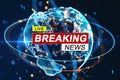 Creative hi-tech breaking news hologram and globe on blurry background. Television, online news and digital communication concept Royalty Free Stock Photo