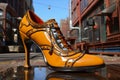 Creative high-heeled shoes on a city street. 3d illustration