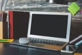 Hipster desktop with blank laptop screen Royalty Free Stock Photo