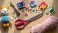 Creative Hobby Flat Lay: Crocheting Workspace & Pink Scissors Royalty Free Stock Photo