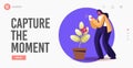 Creative Hobby Landing Page Template. Woman Photographer Shoot Flower on Smartphone, Making Picture of Blossom.