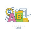 Creative hobby logo template. Reading concept. Letter A, book, magnifying glass, tablet. Educational learning sign