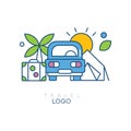 Creative hobby logo template for travel blog. Emblem with car, palm tree, sun and suitcase. Linear icon with blue, green Royalty Free Stock Photo