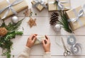 Creative hobby. Making modern handmade christmas present box Royalty Free Stock Photo