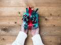 Creative hobby. Woman `s hands wrap christmas holiday handmade Royalty Free Stock Photo