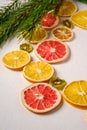 Creative holiday Christmas New Year food fruit texture with dried grapefruit, kiwi, orange and lemon with branch of fir tree Royalty Free Stock Photo