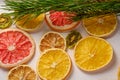 Creative holiday Christmas New Year food fruit texture with dried grapefruit, kiwi, orange and lemon with branch of fir tree Royalty Free Stock Photo