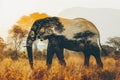 Creative horizontal image with full body side silhouette of elephant with double exposure of African savanna in sunset in