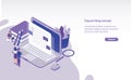 Creative horizontal web banner template with tiny managers standing in front of large computer and looking at text