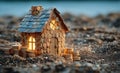Creative House Made of Coins Shining Brightly During Sunset on Sandy Beach Royalty Free Stock Photo