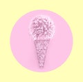 Creative ice cream cone made from confetti with flower onion in pink circle on pastel yellow background. Trendy minimal pop art st