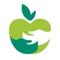 Creative icon apple in hands, logotype template. Fruit symbols of save nutrition.