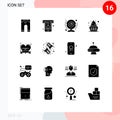 Editable Vector Line Pack of 16 Simple Solid Glyphs of badge, icecream, cam, dessert, technology