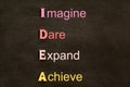 Creative idea acronym, business concept: By arrangement wooden letters Imagine, Dare, Expand, Achieve on black chalkboard Royalty Free Stock Photo