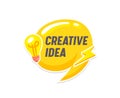 Creative Idea Banner, Yellow Speech Bubble with Flash and Light Bulb Isolated on White Background. Educational Element Royalty Free Stock Photo