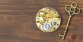 Creative idea, brainstorming concept, banner of a key and clock gears
