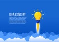 Creative idea rocket flies up into the sky. Startup, creating a new concept, flat lay style, vector illustration Royalty Free Stock Photo