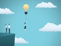 Creative idea in business vector concept with businesswoman flying off with ligthbulb. Symbol of creativity, inspiration