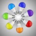 Creative Idea - with circle shape of colored kaleidoscope of rainbow colors lightbulbs - top view.